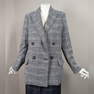 H&M Gray Plaid Double Breasted Blazer Size 6 Oversized Checkered Jacket